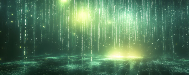 Green matrix effect digital rain falling data stream background