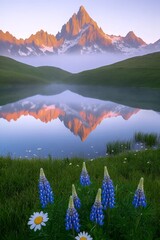Mountain Lake Reflection: A majestic mountain peak, partially snow-capped, is perfectly reflected in a serene mountain lake, framed by vibrant lupines and daisies.