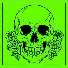 Obraz premium gothic icon skull and roses isolated black and neon green background, halloween tattoo 