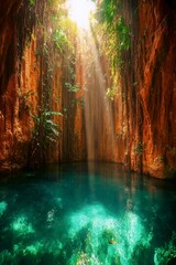 Hidden Oasis of Light: A breathtaking natural sinkhole unveils a hidden world, as ethereal beams of sunlight pierce through the lush canopy, illuminating the pristine turquoise waters below. 