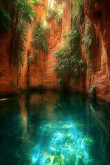 Hidden Oasis: A captivating view of an otherworldly oasis with towering rock formations and lush green vegetation reflected in the crystalline waters, creating a mesmerizing composition.