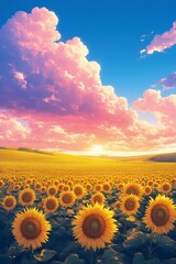 Sunflower Field at Dawn: Witness a mesmerizing sea of vibrant sunflowers, their faces turned towards the dawn's radiant hues, against the backdrop of a pastel sky.