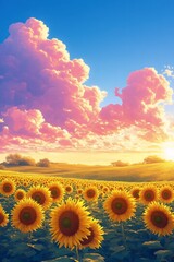 Sunflower Field Under Sky: The warm sun bathes a vibrant sunflower field, creating a stunning landscape with vivid colors of sky and clouds. This photo radiates joy, positivity, and natural beauty.