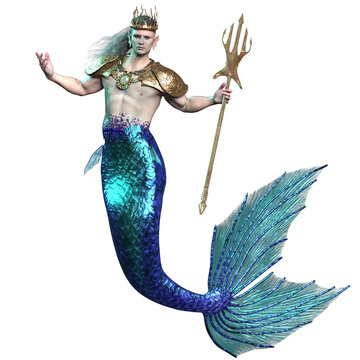 3D rendered fantasy merman as a King or God Poseidon isolated on transparent background