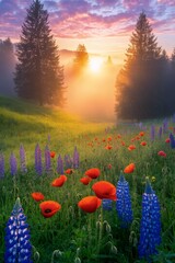 Enchanting Meadow in the Morning: A picturesque vista unfolds as the sun rises, its golden rays illuminating a field of vibrant wildflowers. Lush green grass and towering trees frame the scene.