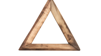 A wooden triangle frame with visible wood grain  a plain black studio background shot up close isolated on transparent background