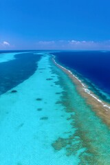 Azure vista: A breathtaking aerial panorama showcasing the endless expanse of turquoise ocean meeting the clear, vibrant blue of the sky. Capturing the natural beauty of coastal landscape.