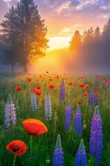 Sunrise Blooms: A vibrant panorama of wildflowers in full bloom under the warm embrace of the rising sun, with gentle mist creating an ethereal glow in this breathtaking meadow scene.