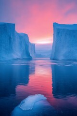 Glacial Sunset Panorama: An ethereal and breathtaking view of a calm ocean dotted with icebergs, as the sky bursts with vibrant pinks and purples, painting a serene and awe-inspiring picture.