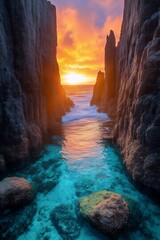 Coastal Sunset Embrace: A stunning view of a turquoise water channel, gracefully winding its way towards the ocean, embraced by rocky cliffs, under a sky ablaze with the vibrant hues of the sunset.