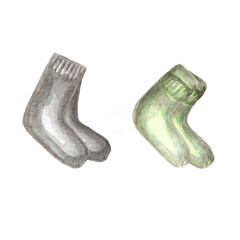Grey and green socks depicting fun designs perfect for cozy days at home or outdoor adventures in cooler climates