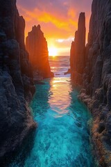 Sunset Cove: A breathtaking view of a serene cove at sunset, framed by dramatic rock formations. The vibrant colors of the sky are reflected in the crystal-clear water.