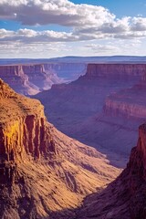 Grand Canyon Panorama: A stunning panoramic view of the majestic Grand Canyon, showcasing the vibrant hues of the rock formations under a clear, cloud-dotted sky. A masterpiece of natural wonder.