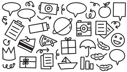 Line marker hand drawn brush element set. Sketch pencil stroke vector graphic pen underline scribble icon. Hand drawn line heart, arrow, emoji, bubble, crown, icon, symbol shape. Vector illustration