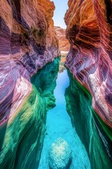 Canyon Oasis: A vibrant natural oasis of colorful rock formations reflected in calm, crystal-clear turquoise waters. A breathtaking perspective.