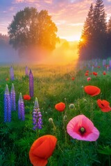 Poppy Meadow at Sunrise: Colorful poppy and lupin flowers dot a lush green field as the sun rises, casting a warm, golden glow over the landscape.