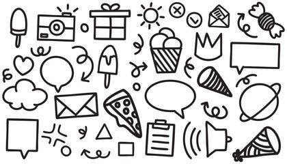 Line marker hand drawn brush element set. Sketch pencil stroke vector graphic pen underline scribble icon. Hand drawn line heart, arrow, emoji, bubble, crown, icon, symbol shape. Vector illustration