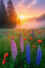 Sunrise Meadow Bloom: Vibrant lupines and poppies paint a breathtaking sunrise meadow scene, their colors intensified by the golden light of the rising sun. Mist softly caresses the landscape.