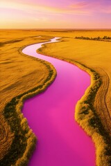 Pink River Serpentine: A stunning pink river carves its way through golden fields under a vibrant sunset, creating an image of fantasy.