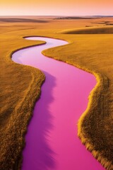 Winding River in Golden Fields: An aerial perspective showcases a vibrant, serpentine river carving its way through a landscape of golden fields, under a sky filled with warm hues.