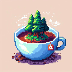 Fototapeta premium Pixel teacup with trees and leaves inside 