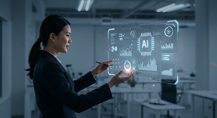 The future is now: A visionary businesswoman interacting with a transparent digital interface showcasing the power and potential of artificial intelligence (AI) in a modern workspace.
