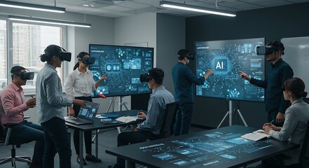 Immersive Tech Collaboration: A group of professionals engages with cutting-edge virtual reality technology, exploring data visualization in a modern, collaborative workspace. 