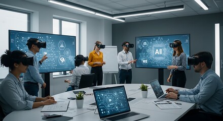 Exploring Virtual Reality: A team of professionals engrossed in the world of virtual reality, using headsets in a modern office.