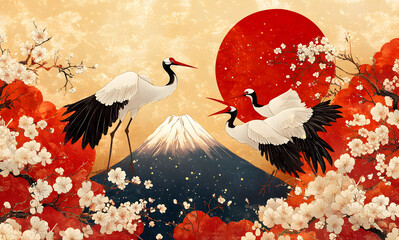 Traditional Japanese art style with cranes sakura blossoms Mount Fuji gold and red hues ukiyo-e inspired harmonious background