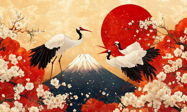 Traditional Japanese art style with cranes sakura blossoms Mount Fuji gold and red hues ukiyo-e inspired harmonious background