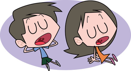 口を開けて目を閉じ座り込んでいる男女