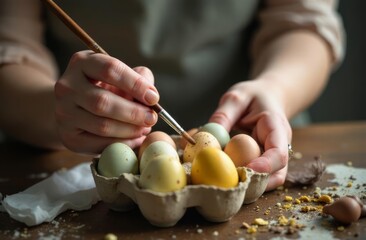 coloring eggs, coloring eggs. close-up of hands, with a brush and colorful eggs, decoration, Easter