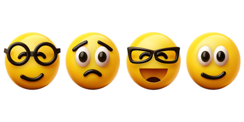 Four emojis showing different emotions isolated on a white background