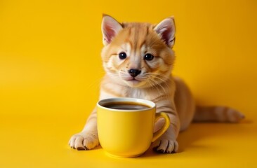 cute red-haired puppy with a yellow coffee mug on a yellow background