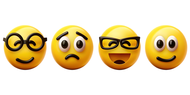 Four emojis showing different emotions isolated on a white background