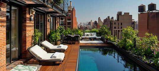 Fototapeta premium A stylish rooftop terrace with modern outdoor furniture, a small pool, and lush greenery