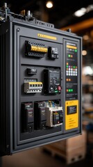 Naklejka premium Modern industrial electrical control panel with circuit breakers and automation system in manufacturing facility, industrial engineering technology