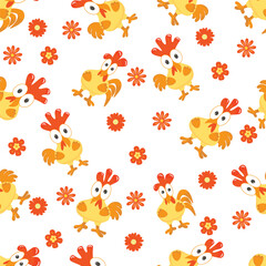 seamless pattern with colorful chickens and flowers, on a white background