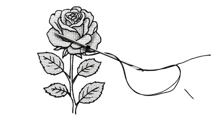 Isolated detailed embroidered rose with visible stitches on transparent background, ideal for design and craft projects