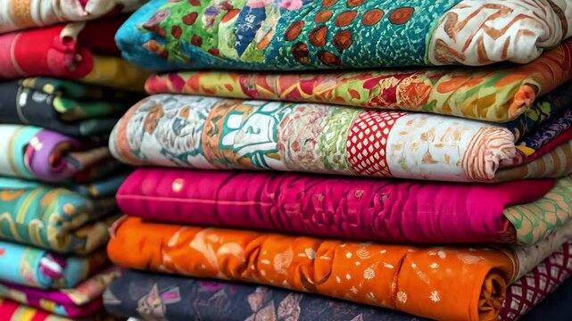 Colorful folded quilts with intricate patterns displayed in a cozy room, Colorful folded quilt with intricate patterns displayed on surface