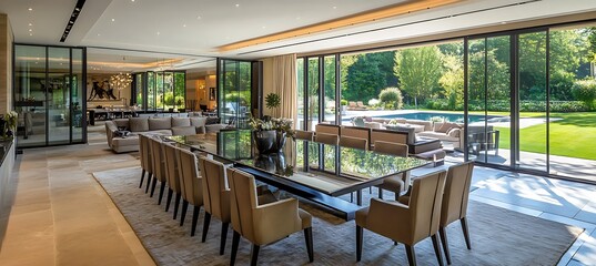 An elegant dining area with a large glass table, designer chairs, and sophisticated lighting