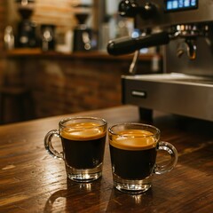 Double Espresso with Crema in White Demitasse Cup on Rustic Café Table

