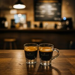 Double Espresso with Crema in White Demitasse Cup on Rustic Café Table

