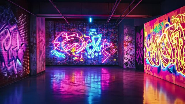 Neon graffiti transforms empty room into vibrant artistic expression at night, Empty room aglow with neon graffiti silent yet speaking volumes through art