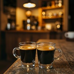 Double Espresso with Crema in White Demitasse Cup on Rustic Café Table

