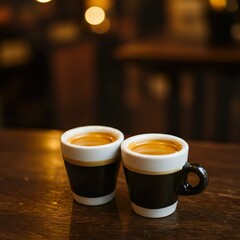 Double Espresso with Crema in White Demitasse Cup on Rustic Café Table

