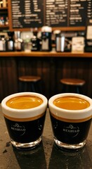 Double Espresso with Crema in White Demitasse Cup on Rustic Café Table

