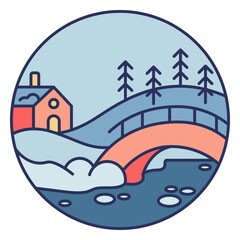 Snow landscape house bridge