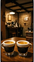 Double Espresso with Crema in White Demitasse Cup on Rustic Café Table

