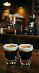 Double Espresso with Crema in White Demitasse Cup on Rustic Café Table

